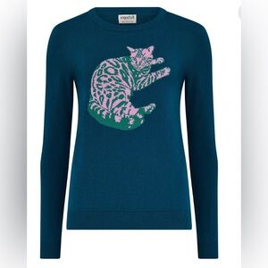 Sugarhill Teal Sweater with Pink Cat Design NWT